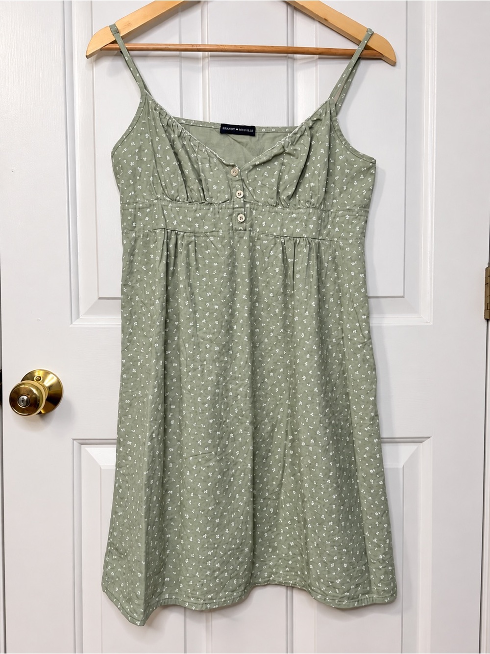 Brandy Melville Arianna Floral Babydoll Mini Dress Sage Green Ivory Cotton XS/S